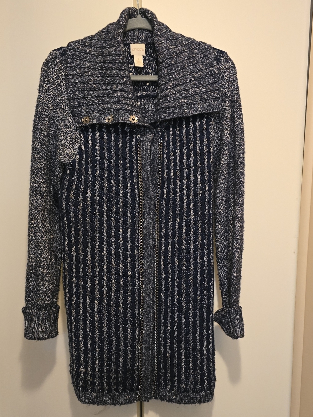 Chico's Navy Marled Ribbed Long Cardigan